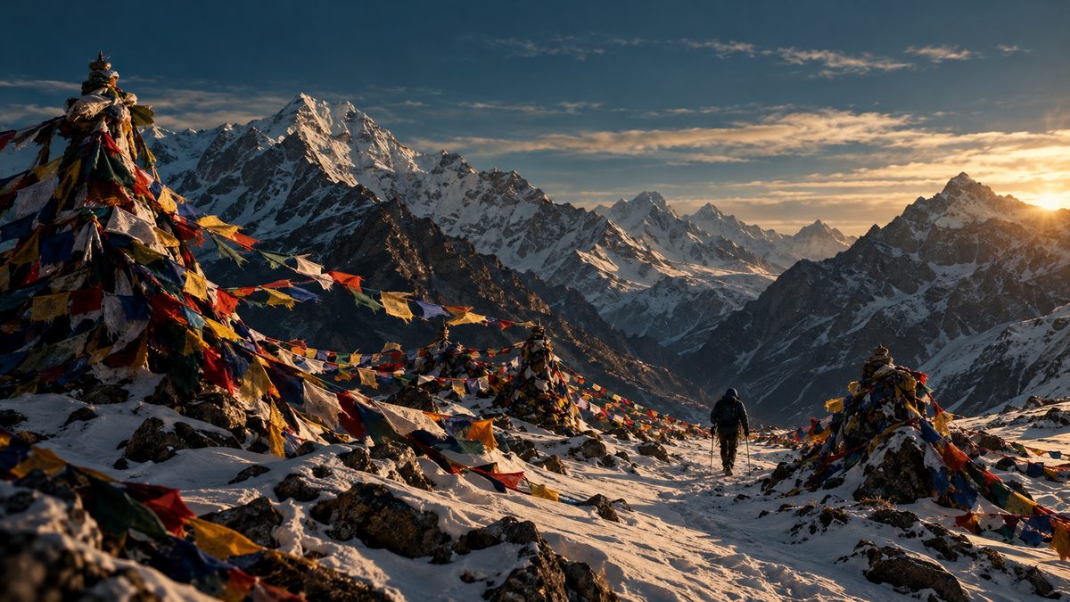 A trekker leaning into the wind on the snowy Thorong La pass among masses of prayer flags, Himalayan peaks behind