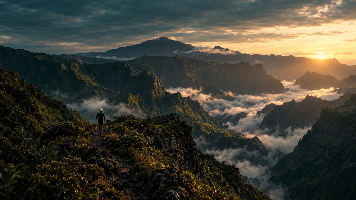 A trail runner with a headlamp on a narrow ridge above a vast green volcanic cirque on Réunion Island at sunrise, cloud pooling in the ravines