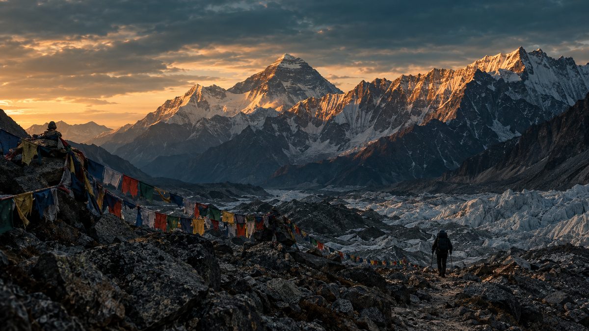 A lone trekker on the Khumbu Glacier moraine beneath prayer flags, with Everest and the Nuptse wall catching the last golden light