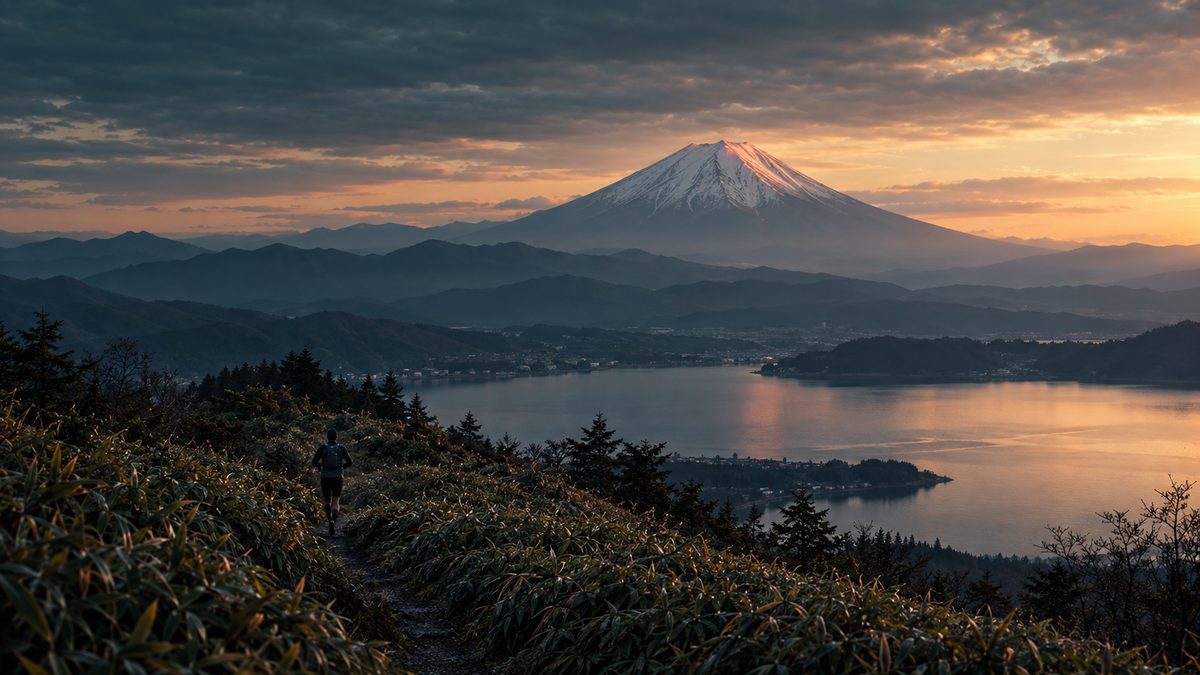 A trail runner on a forested ridge in the foreground with the snow-capped cone of Mount Fuji catching first light beyond