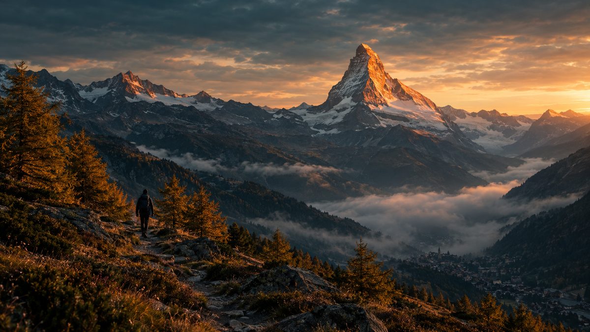 A hiker on a high alpine trail above Zermatt with the Matterhorn lit by sunrise alpenglow