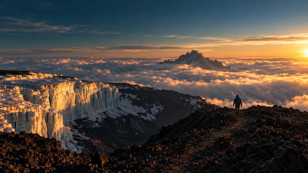 A climber walking the summit crater rim of Kilimanjaro at sunrise above a sea of cloud, glacier ice glowing amber