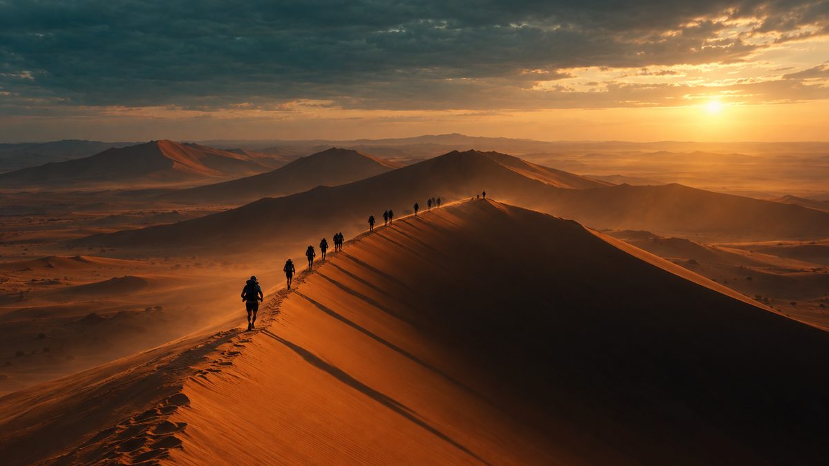 A line of runners with backpacks crossing the crest of a tall orange Sahara dune at sunrise, long shadows across the sand