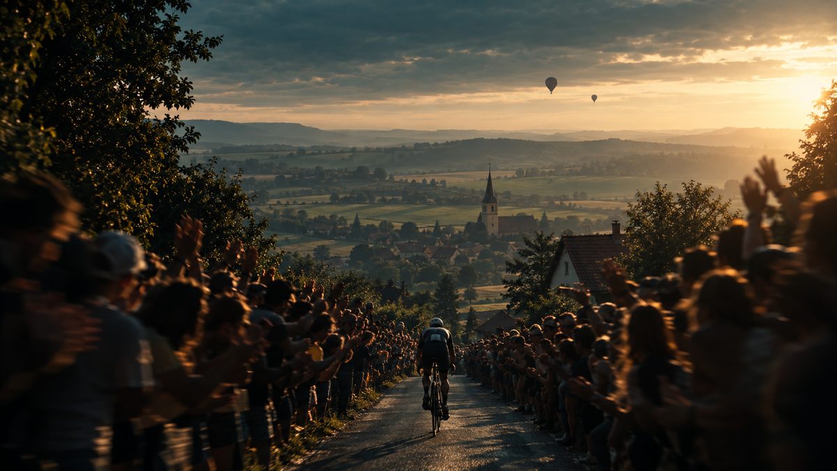 A cyclist riding a narrow village road through a dense corridor of backlit spectators in the Bavarian countryside, hot-air balloons in the morning haze