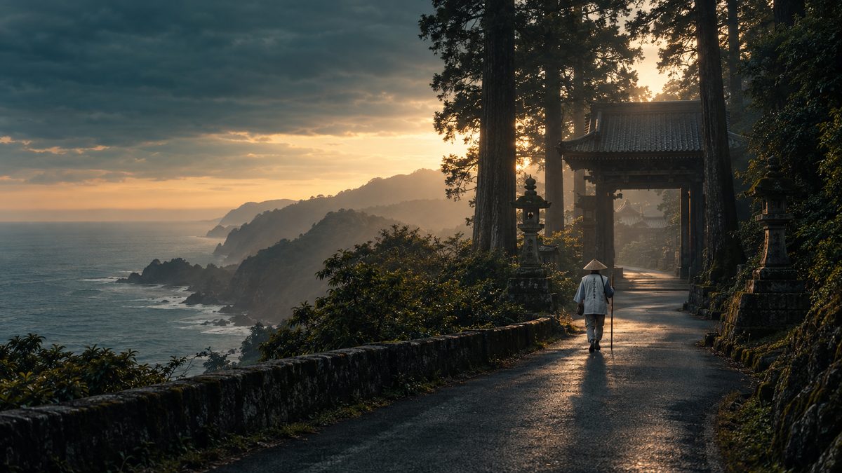 A white-clad henro pilgrim with a sedge hat and wooden staff walking a quiet coastal road on Shikoku toward a temple gate in the dawn mist