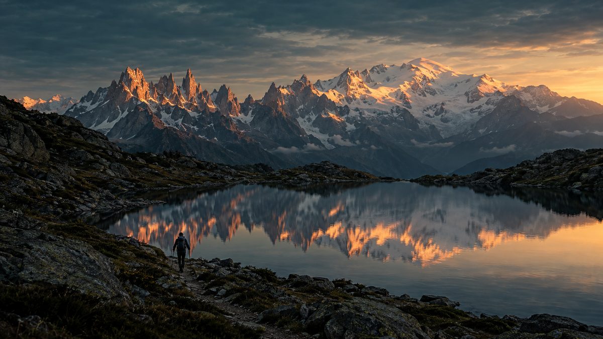 A hiker on the shore of an alpine lake above Chamonix at dawn, the Mont Blanc massif and its granite spires reflected in the water