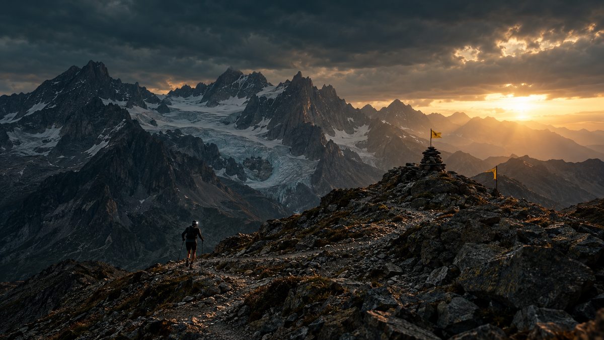 An ultrarunner with poles and a headlamp climbing scree toward a high alpine col marked with small yellow flags, jagged peaks under a stormy dusk sky