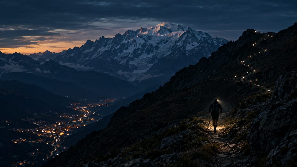 A chain of trail runners' headlamps zigzagging up a dark alpine col at night beneath the glaciated summit of Mont Blanc, the lights of Chamonix far below