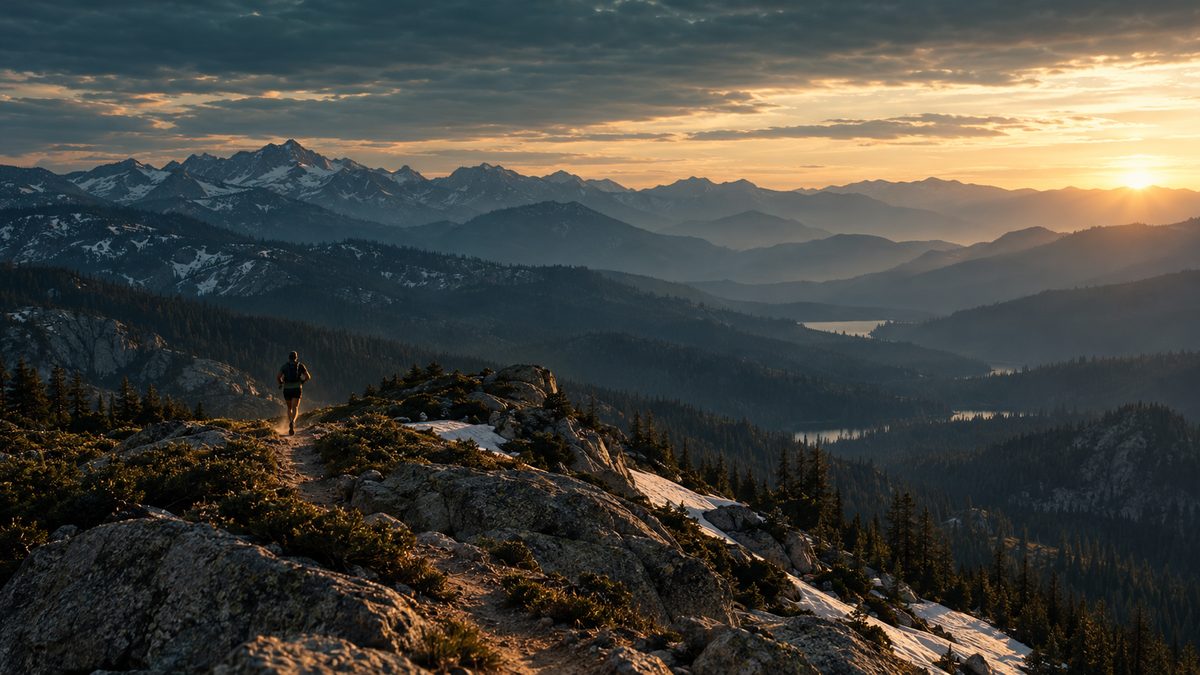 A trail runner cresting a granite ridge with patches of late snow in the High Sierra at dawn, forested canyons fading into haze beyond