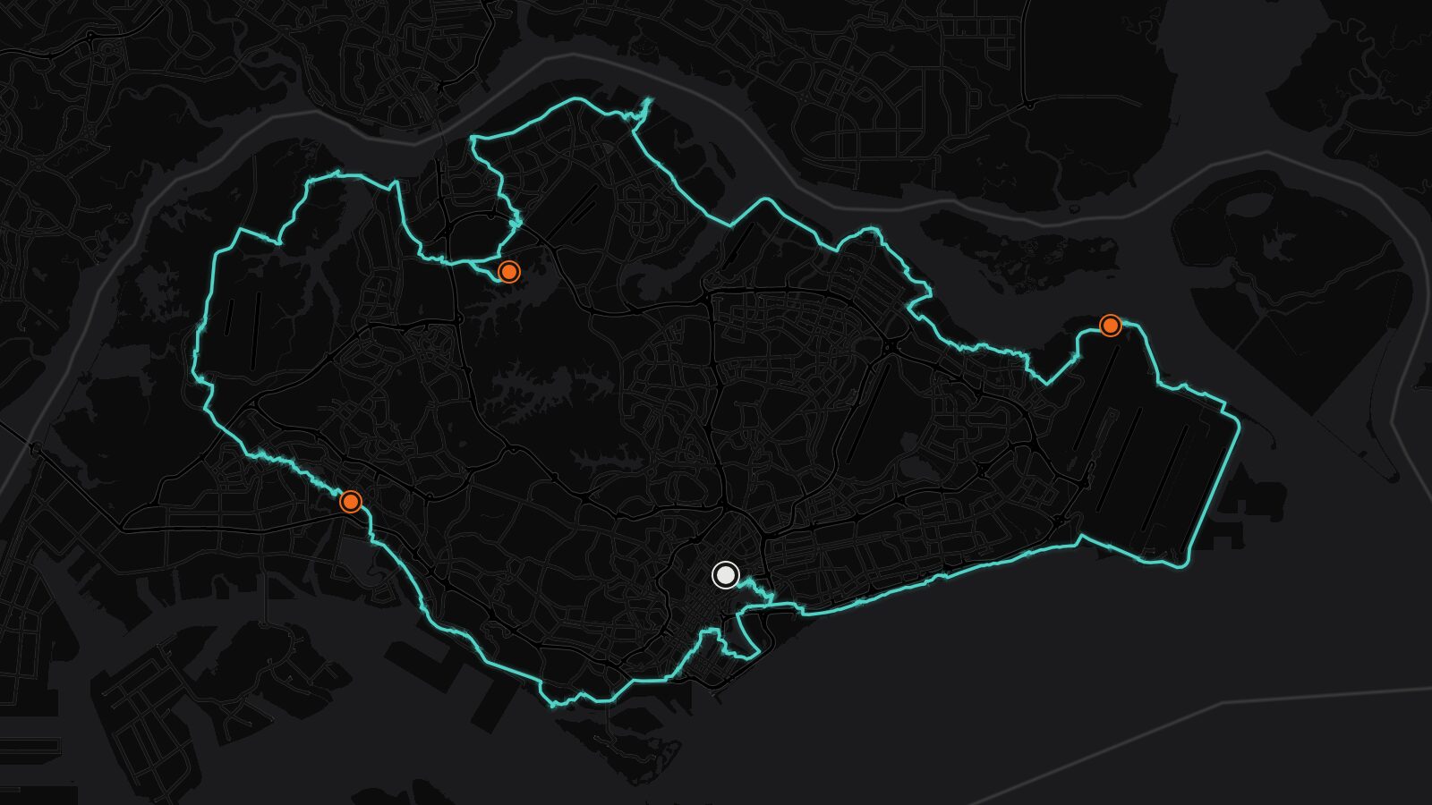 The Singapore Perimeter Walk route traced in teal around the coastline of Singapore, with the start and three overnight stops marked
