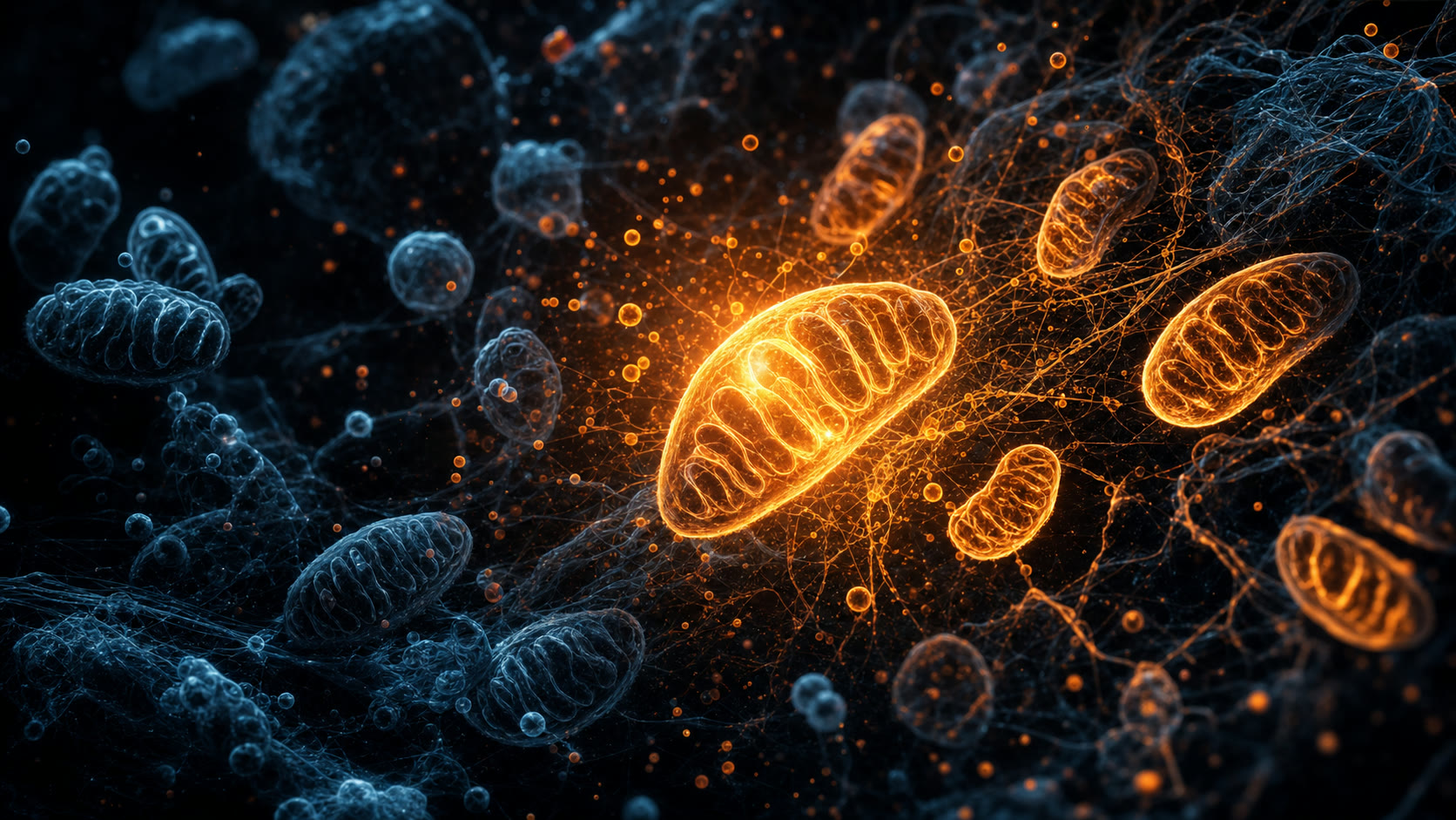 A cinematic micro-scale view of cellular energy metabolism in teal and amber, bright energized mitochondria beside dim depleted ones, the biological signature of the fueling and energy-availability barriers