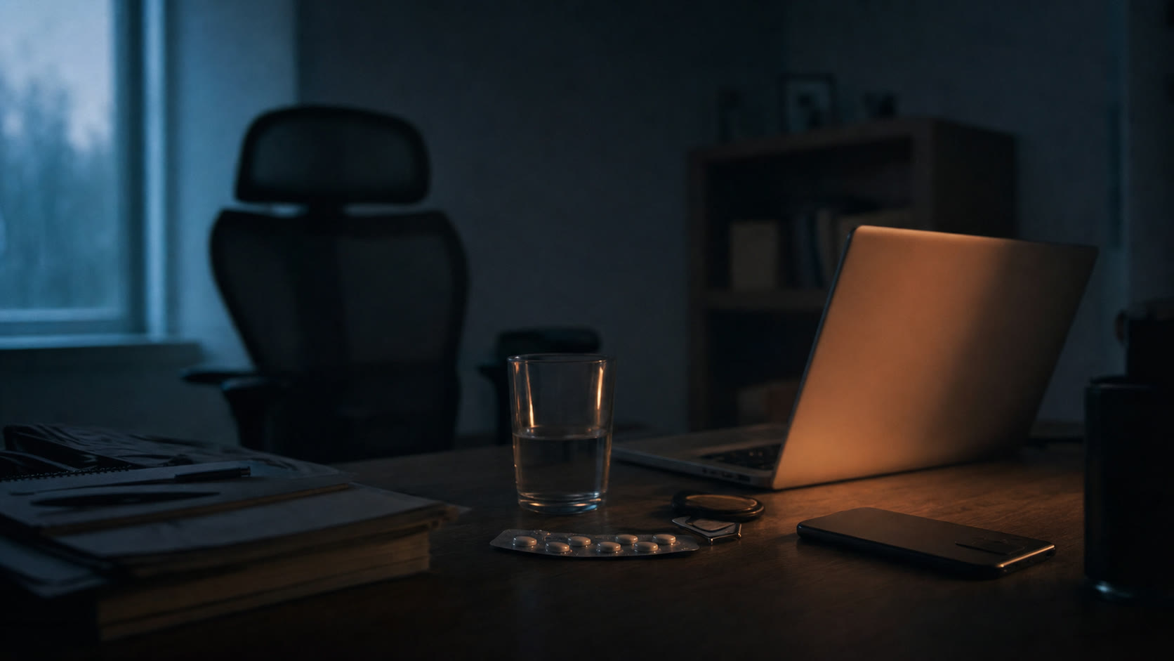 A dim home-office desk at dusk with a glowing laptop, a half-empty water glass, a strip of painkillers, a phone face-down and an empty chair, the still life of the lifestyle loads most athletes never think to audit
