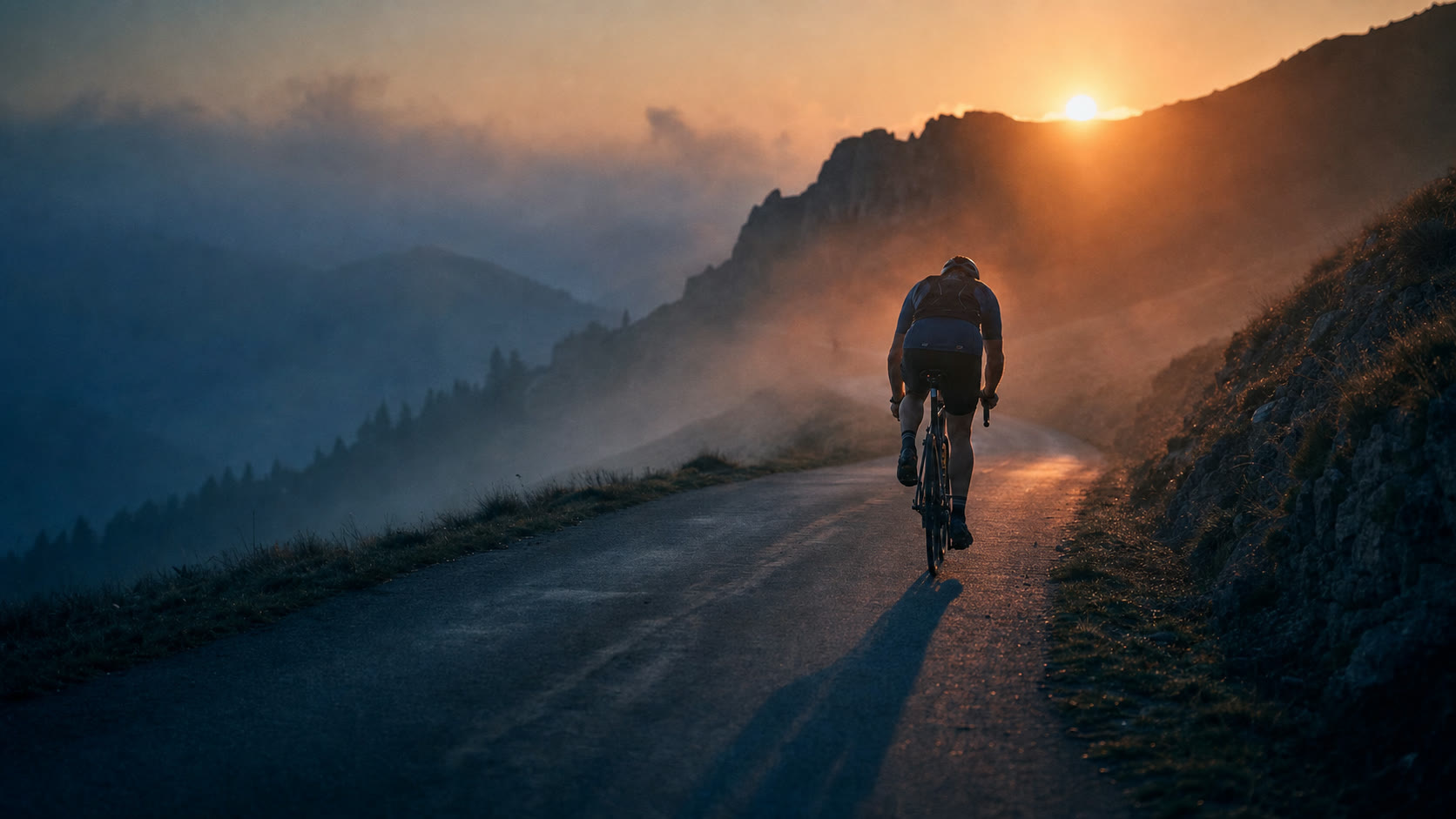 A lone masters cyclist climbing a misted mountain road at dawn, head down in effort, the image of training load accumulating along the fine line between productive stress and overtraining