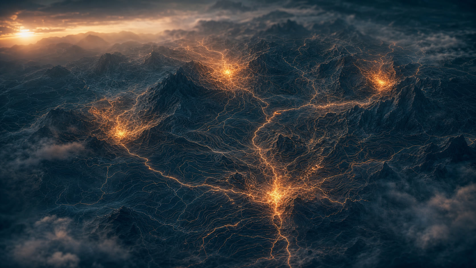An abstract aerial topographic view of a dark mountain territory at dawn with four distinct clusters of warm amber light scattered across deep teal terrain, the visual metaphor of mapping all seventeen barriers across four clusters