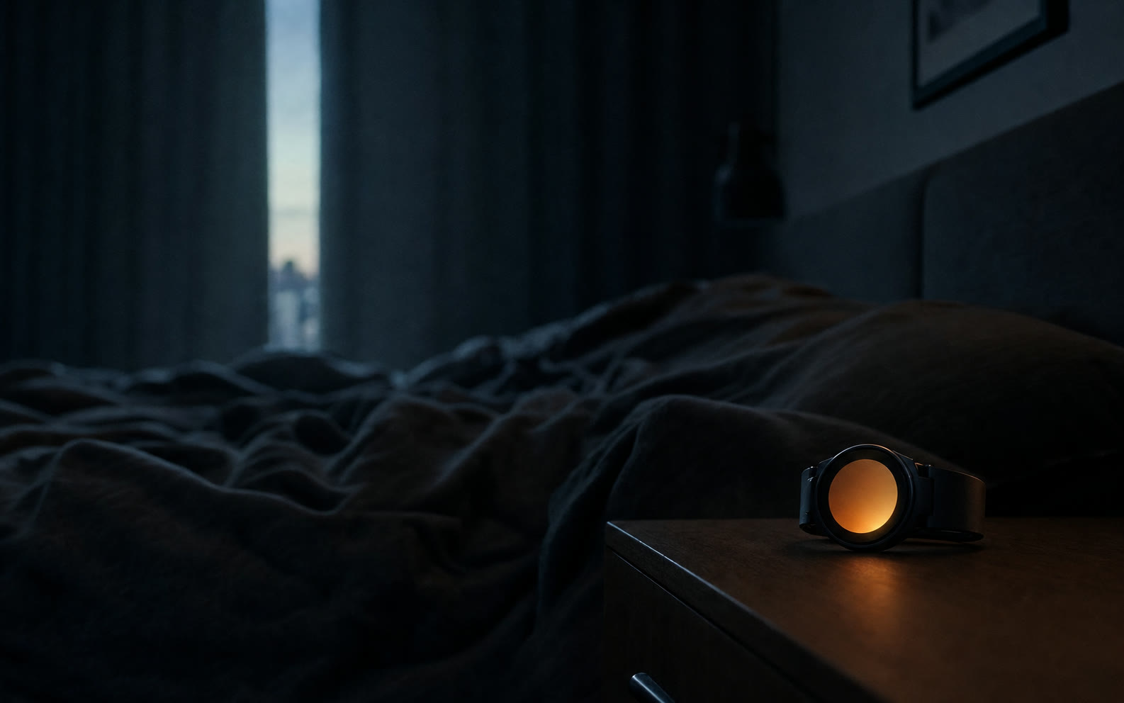 A dim pre-dawn bedroom with an unmade bed and a smartwatch glowing faintly on the nightstand, the quiet signature of the recovery a masters athlete keeps losing before the day begins