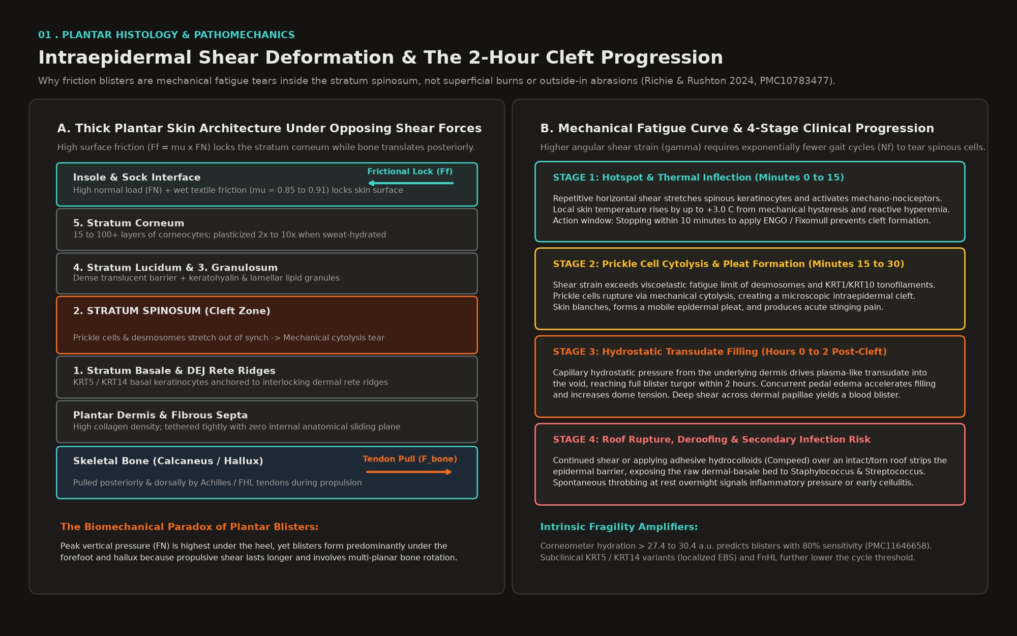 Diagram of thick plantar skin histology under opposing shear forces and the 4-stage mechanical fatigue progression from hotspot to hydrostatic cleft filling