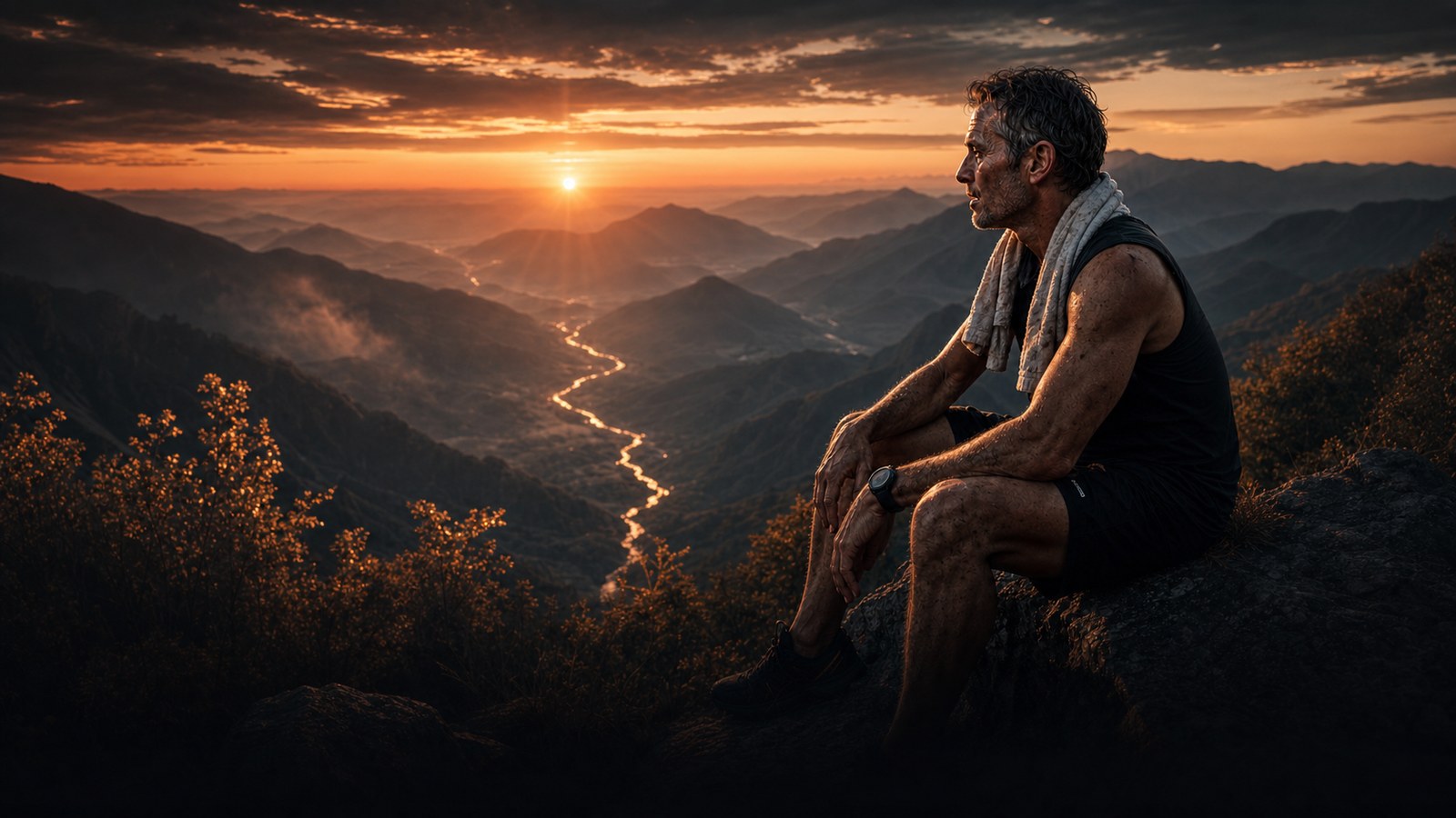 A masters athlete recovering at dawn after a hard session: intensity carries a steeper recovery cost and a cardiac consideration