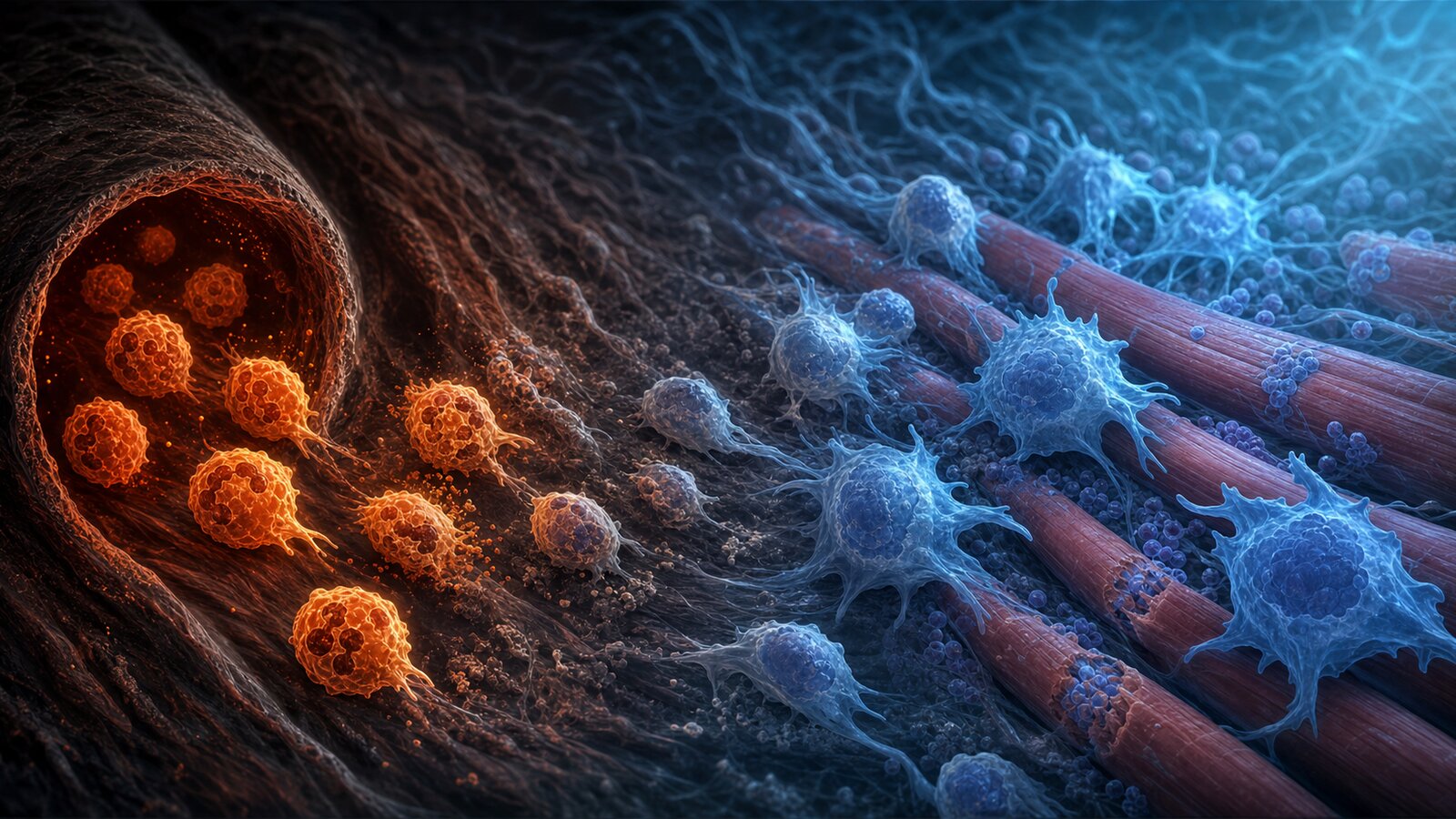 A cinematic micro-scale view of the post-exercise inflammatory cascade in muscle, warm ember-copper neutrophils giving way to cool steel-blue macrophages around regenerating fibres: the transition that decides whether inflammation builds or erodes