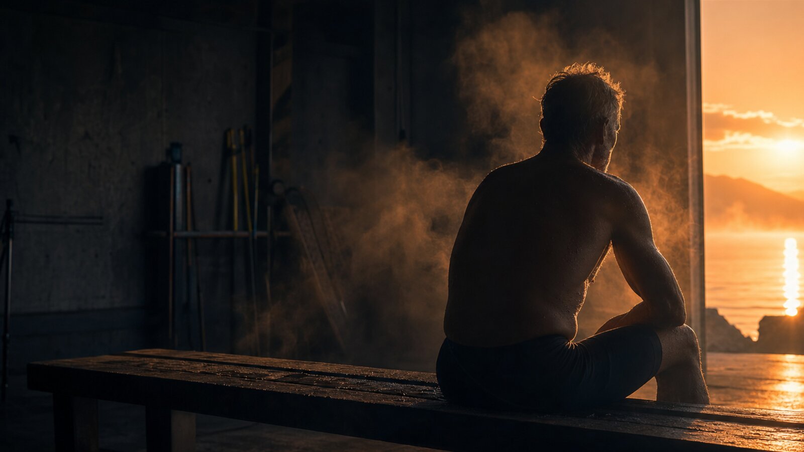 A masters endurance athlete in side-light silhouette at dawn, steam rising in cool blue air against ember sunrise: fatigue, recovery, and the long quiet work of suppressing the chronic baseline