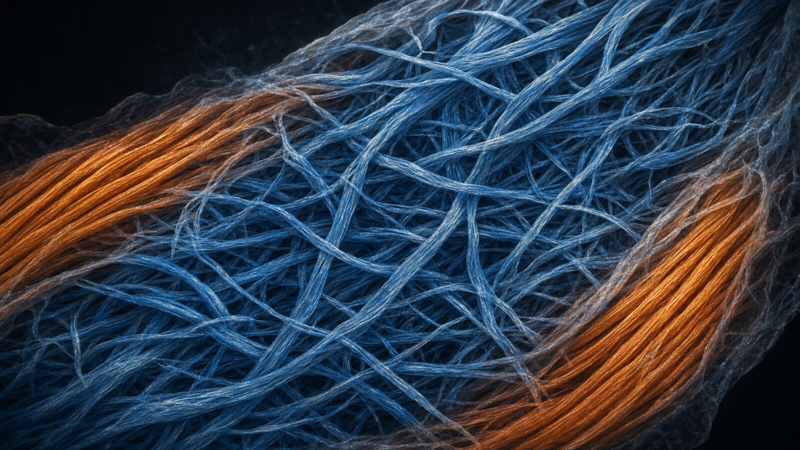 Ultra close-up of tendon collagen, with disorganised steel-blue fibres crossing in chaotic directions against pockets of aligned ember copper fibres at the edges: tendinopathy is failed remodeling, not inflammation