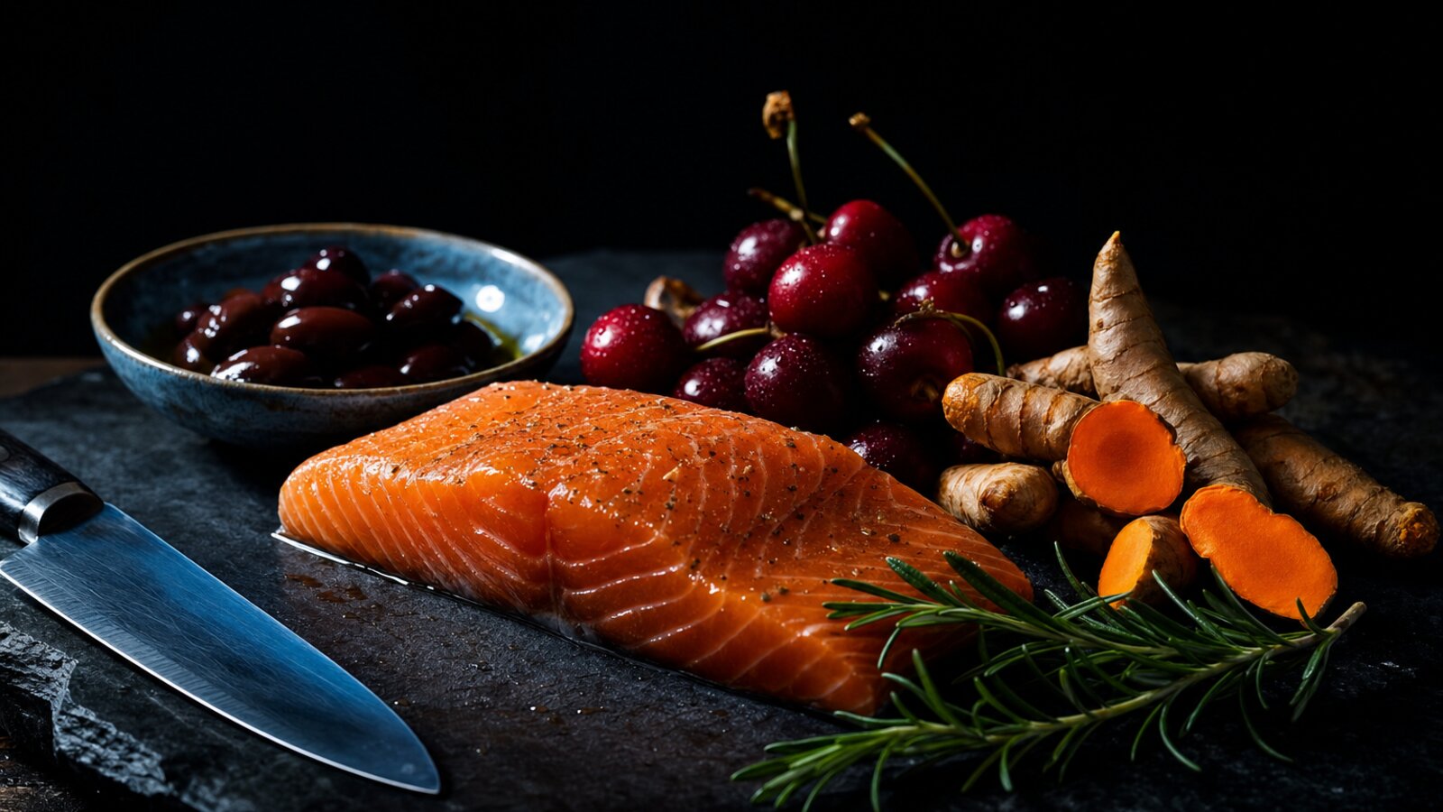 A still life of wild salmon, tart cherries, fresh turmeric, rosemary, and olives on dark slate in dramatic side light: a short Tier-evidence shelf of anti-inflammatory compounds, and a long list of well-marketed compounds that do not perform