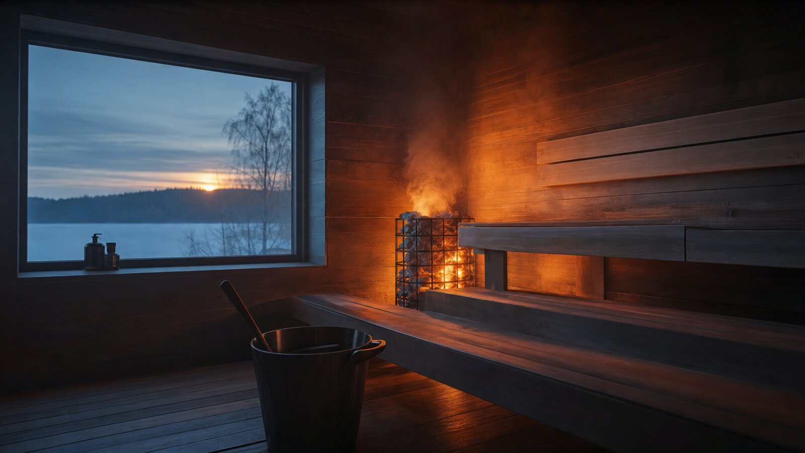 A quiet Scandinavian sauna at dawn, hot stones glowing ember copper against dark wood and cool blue lakeside light through the window: heat as adjuvant, not as fix