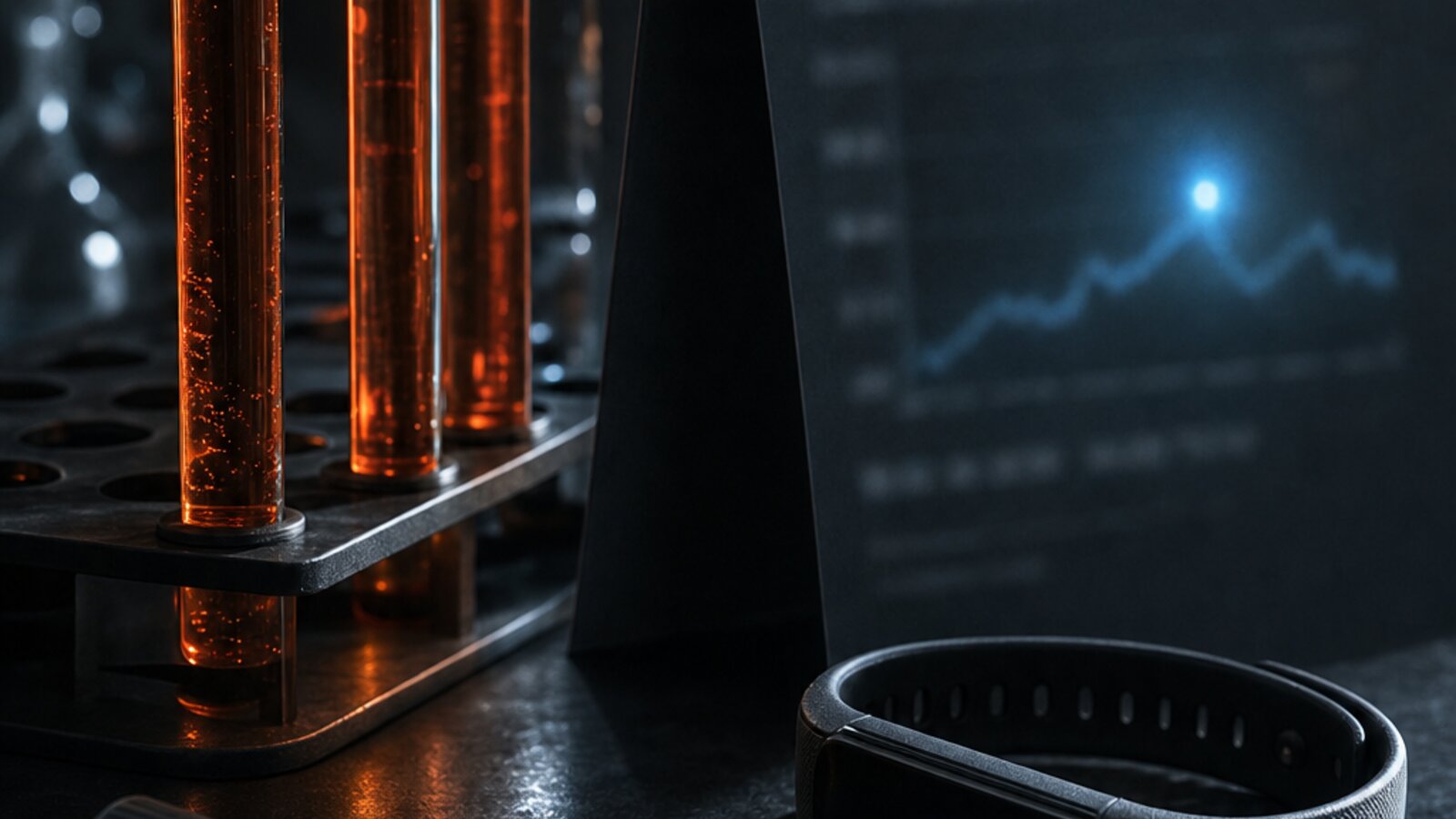 A dark laboratory bench with glass tubes of warm copper-toned serum, a minimalist wearable with a faint steel-blue indicator, and a softly glowing biomarker report: organelle-level inference is not a wearable problem, but the gap is narrowing
