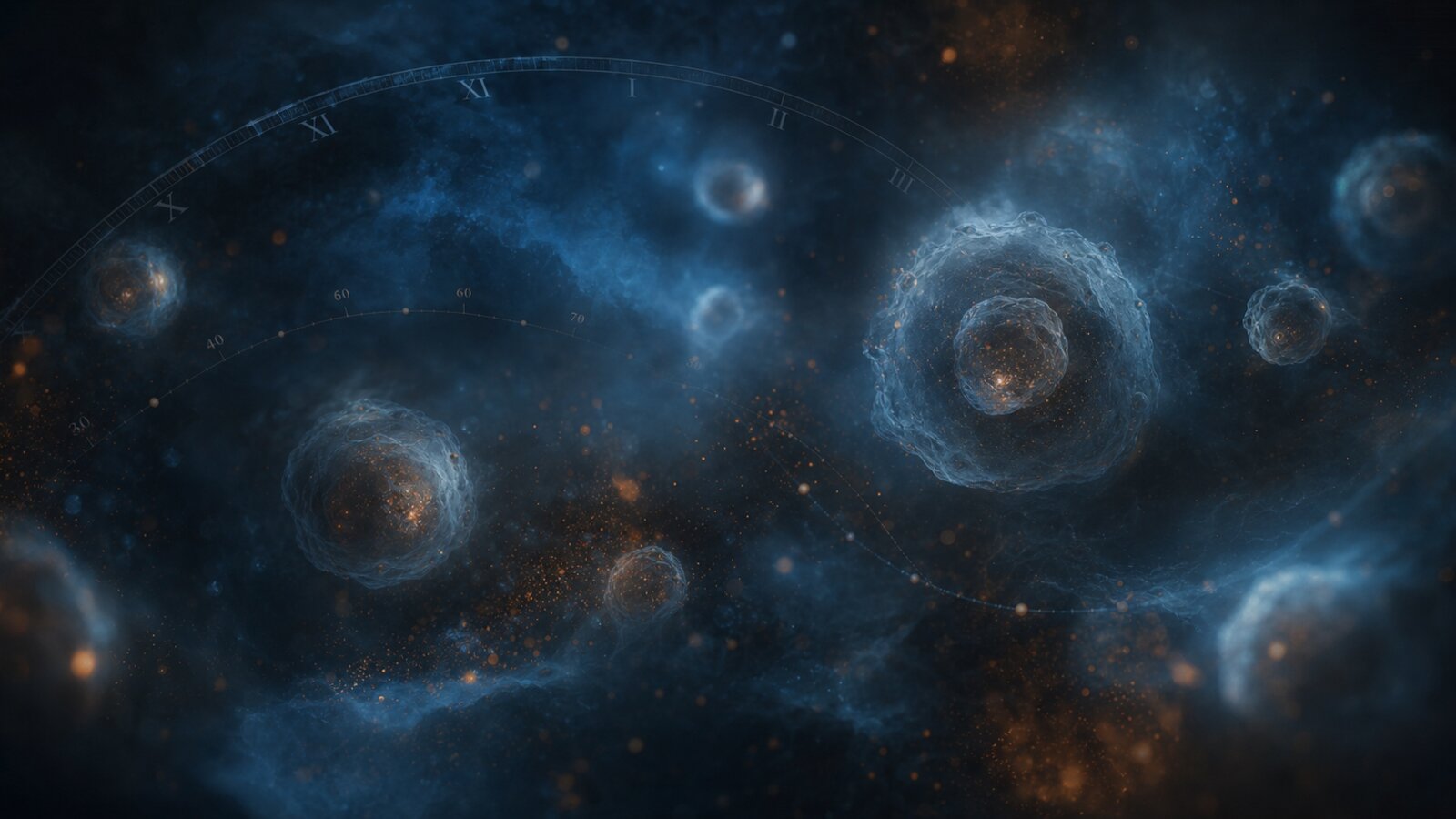 An abstract field of dim copper embers in cool blue mist with a faint chronograph thread, the visual signature of inflammaging: a chronic baseline drift, not an event