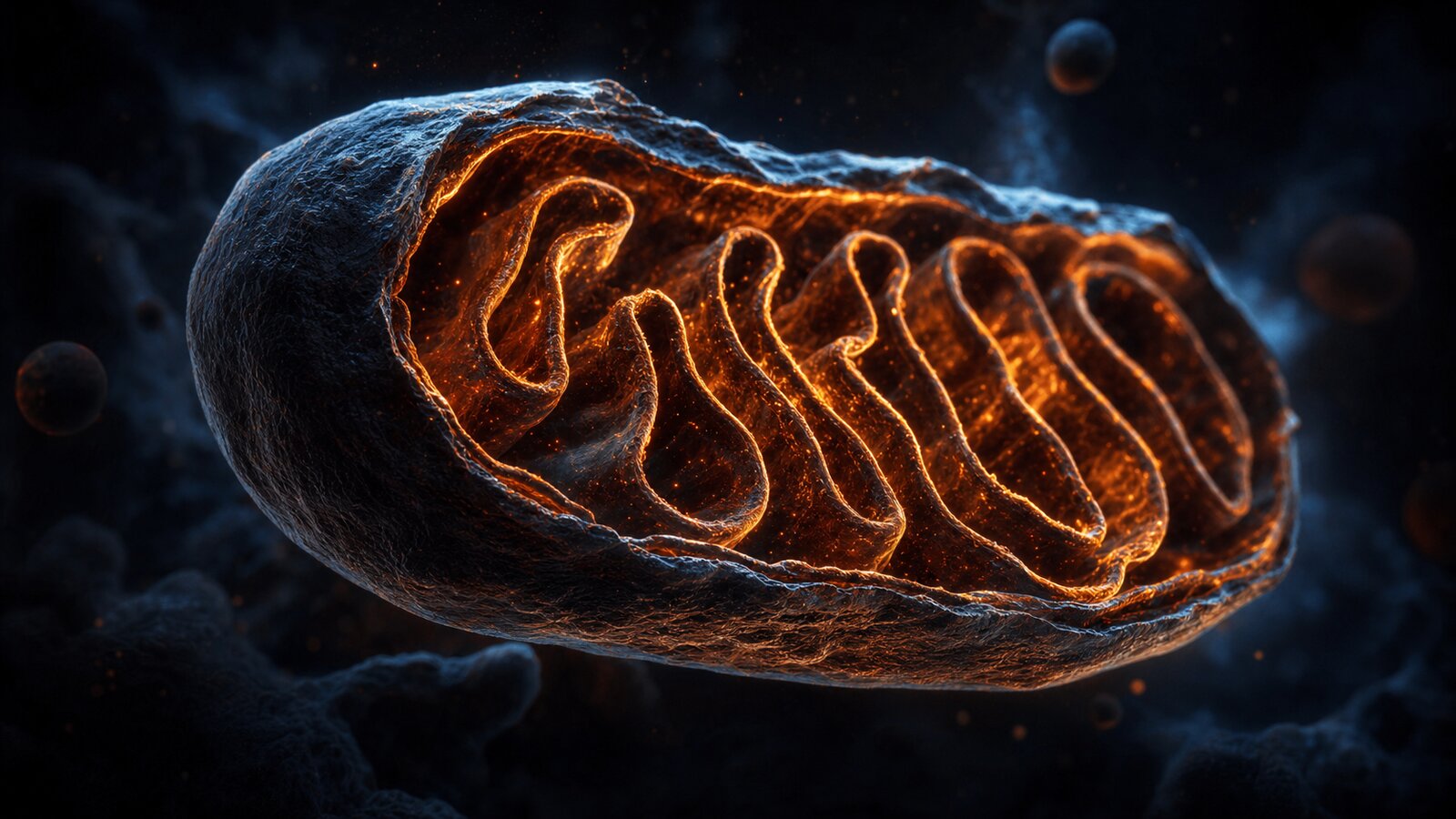 A single mitochondrion rendered in cross-section, the folded cristae catching warm copper light against a cool deep field: architecture decides function