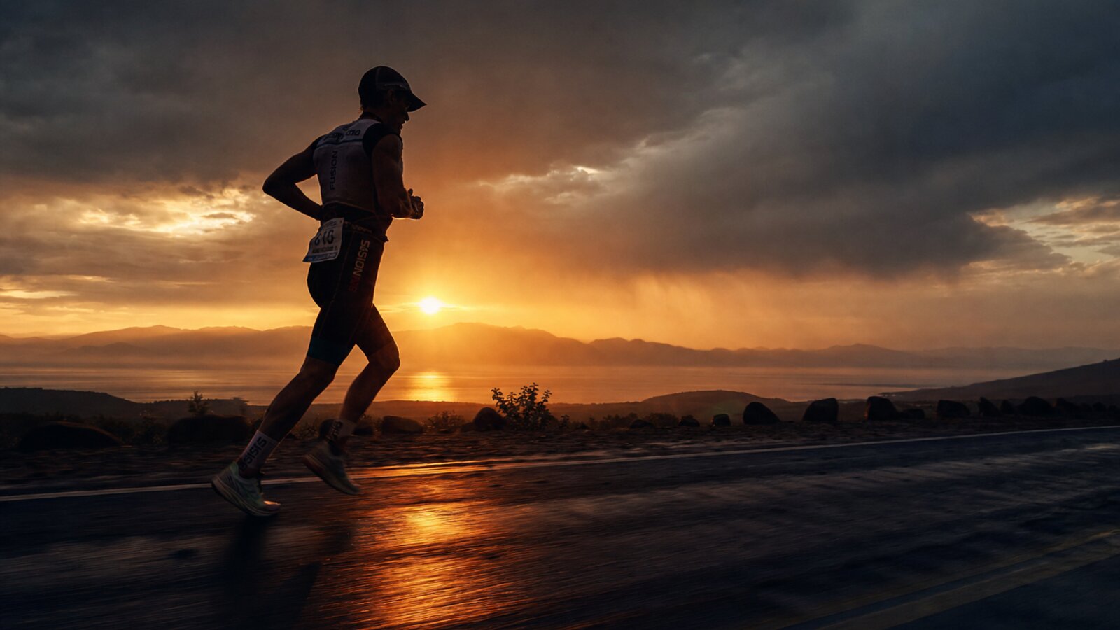 An Ironman runner alone on the late-race marathon at low sun, the long shadow of accumulated fatigue: four compounding mitochondrial stresses, not one