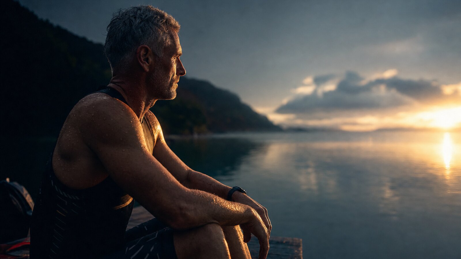 A grey-haired masters athlete in profile at the waterside in early light, composed and unhurried: declining biogenesis, preserved trainability, the leverage point shifts