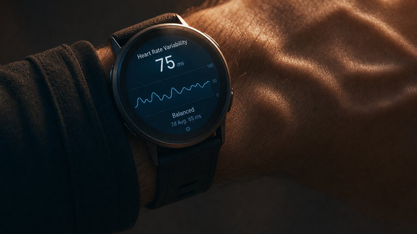 A wrist with a sport watch showing an HRV trend in warm low light: organelle-level inference is not yet a wearable problem