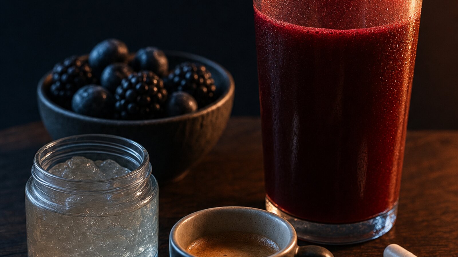 A still life of beetroot juice, espresso, an energy gel, and capsules in soft warm light: only a short shelf of compounds clears the evidence bar