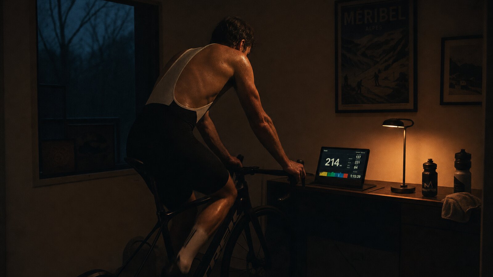 A cyclist on an indoor trainer in a quiet, dim room, the head unit's data soft in low light: training is the only intervention that meaningfully expands the mitochondrial pool