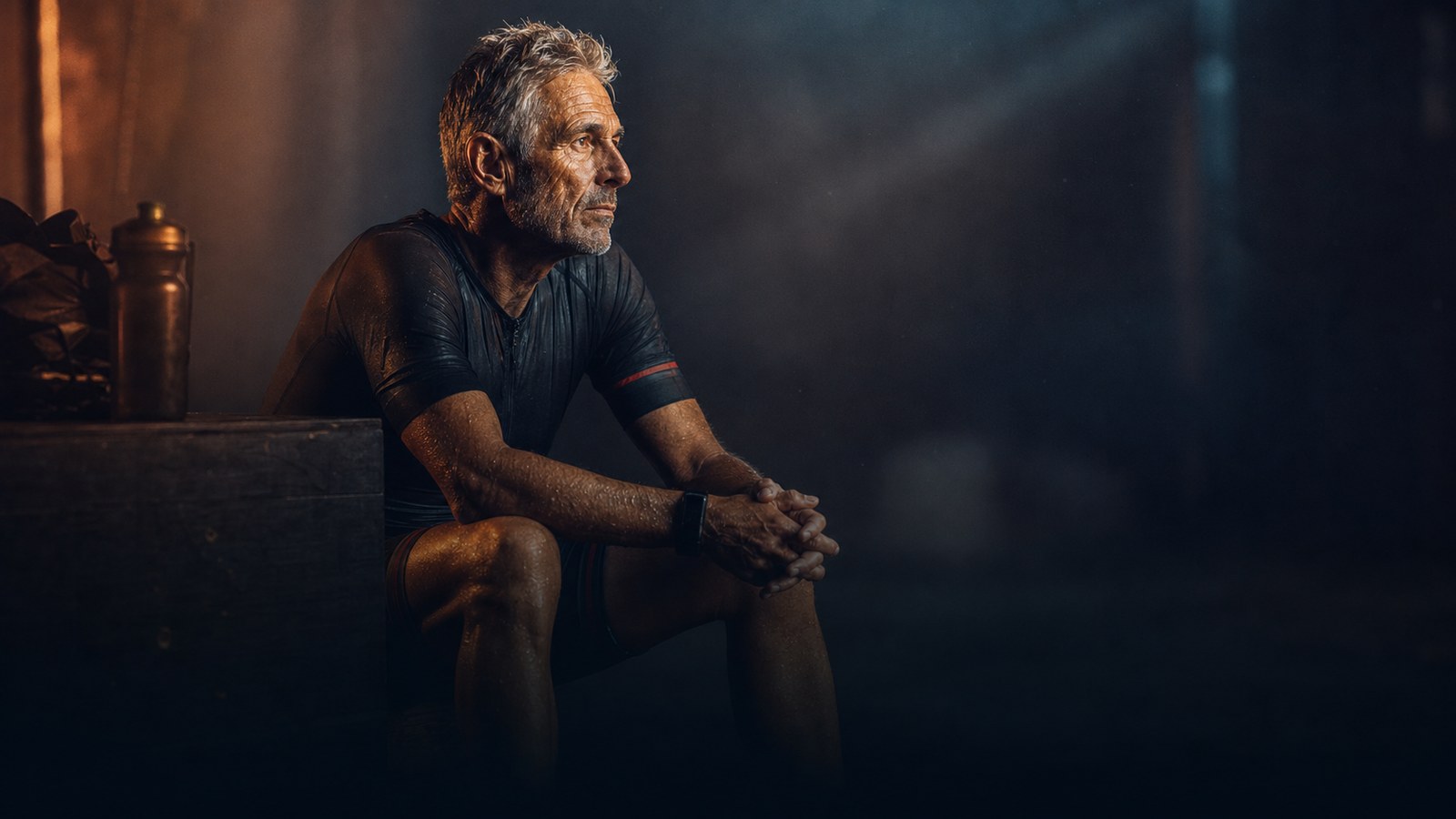 A grey-haired masters athlete at rest, reflective: the masters taper is reasoned where the trials are silent