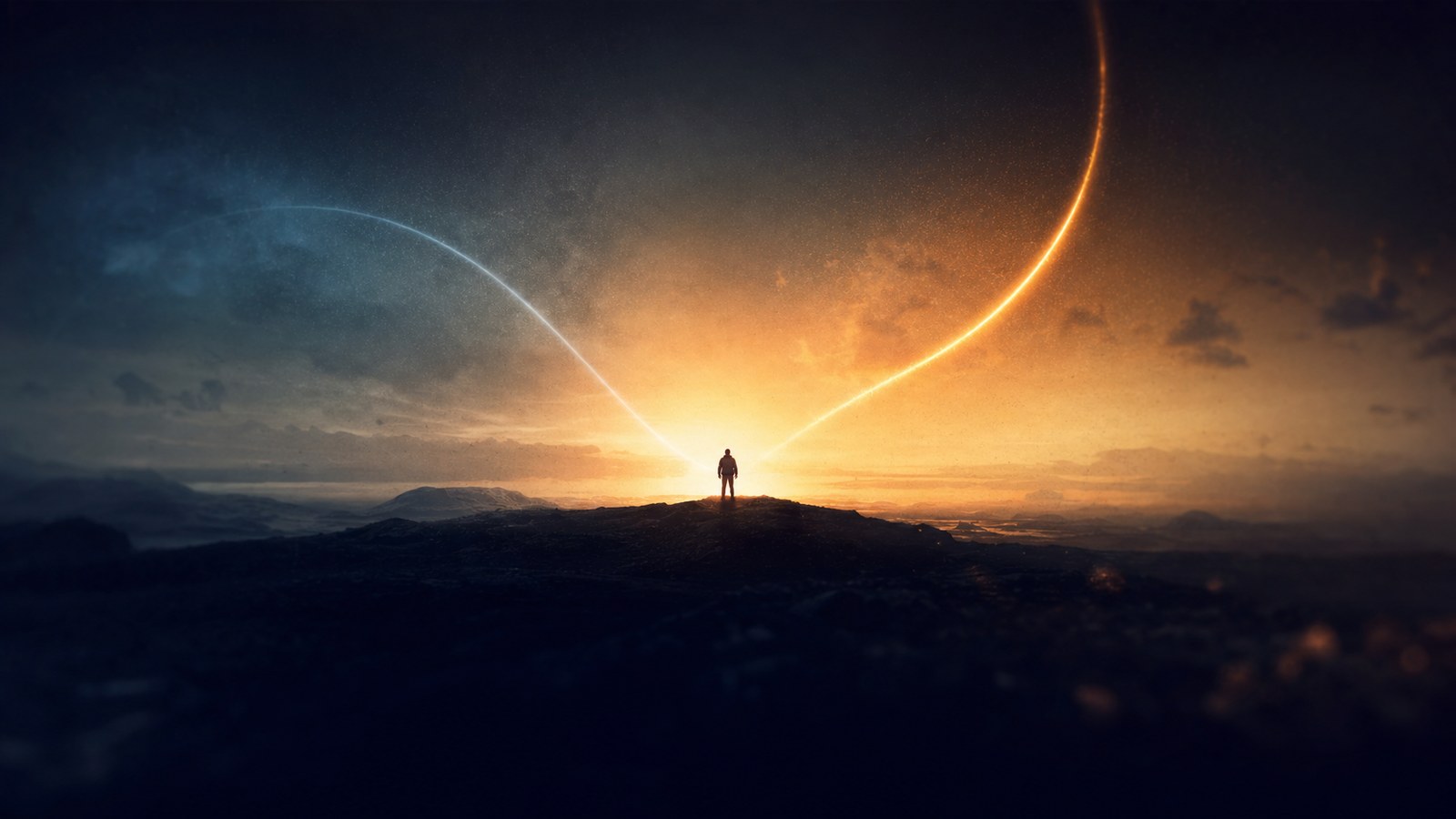 A lone figure on a ridge at dawn between a fading blue trail and a rising orange one: fatigue and fitness decay on different clocks