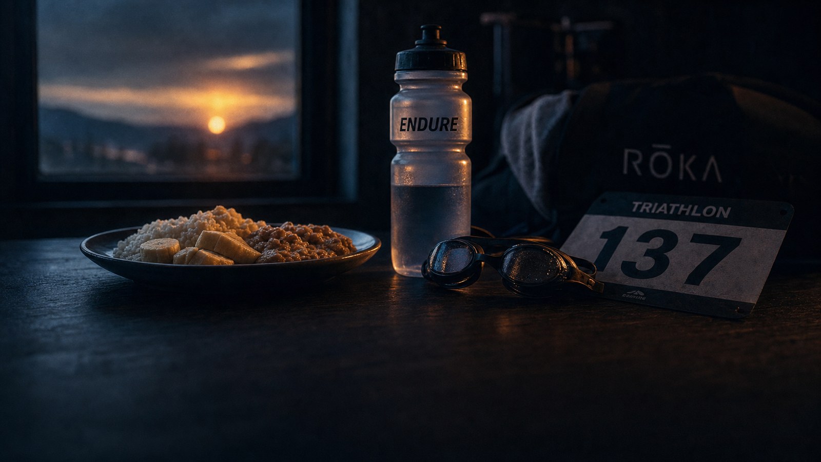 A race-morning still life in half-light: bottle, food, and goggles laid out the night before