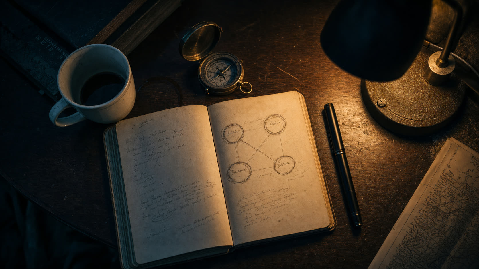Editorial still life: an open notebook with a hand-drawn cluster map, a brass compass, a fountain pen and a coffee mug on a dark wood desk under warm tungsten side light.