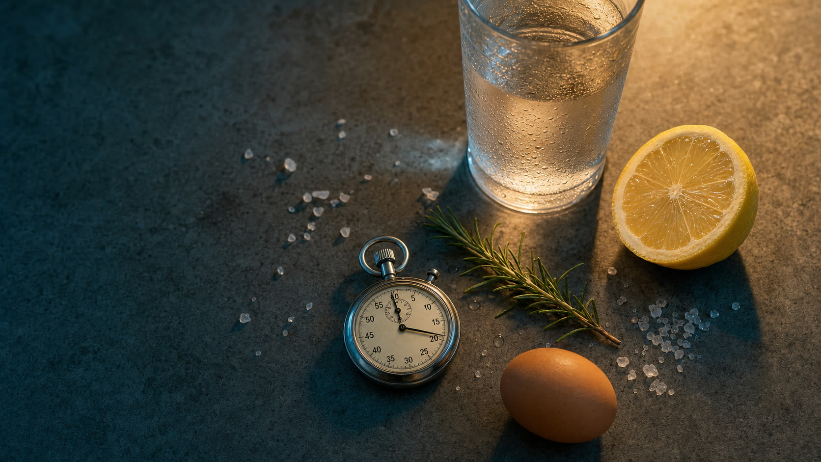 Editorial still life: a glass of water, a halved lemon, a stopwatch, a sprig of rosemary, an egg and a small dish of salt arranged on dark slate under warm side light.
