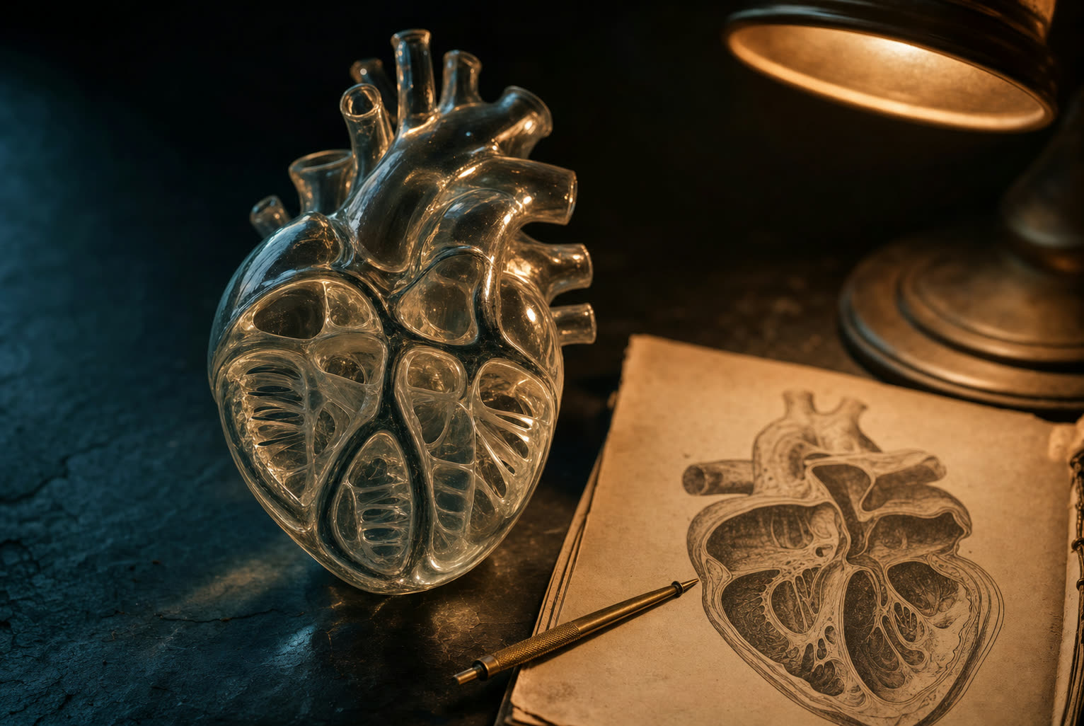 Editorial still life: a glass anatomical heart model beside a vintage anatomy print on a dark surface, lit warm from one side with cool shadows.