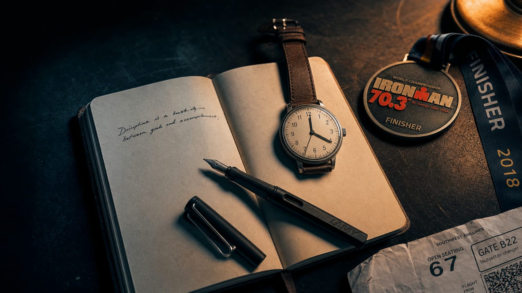 Editorial still life: an open Moleskine with a handwritten quote, an analog watch on a leather strap, a Lamy fountain pen, an Ironman 70.3 medal and a boarding pass on a dark desk.
