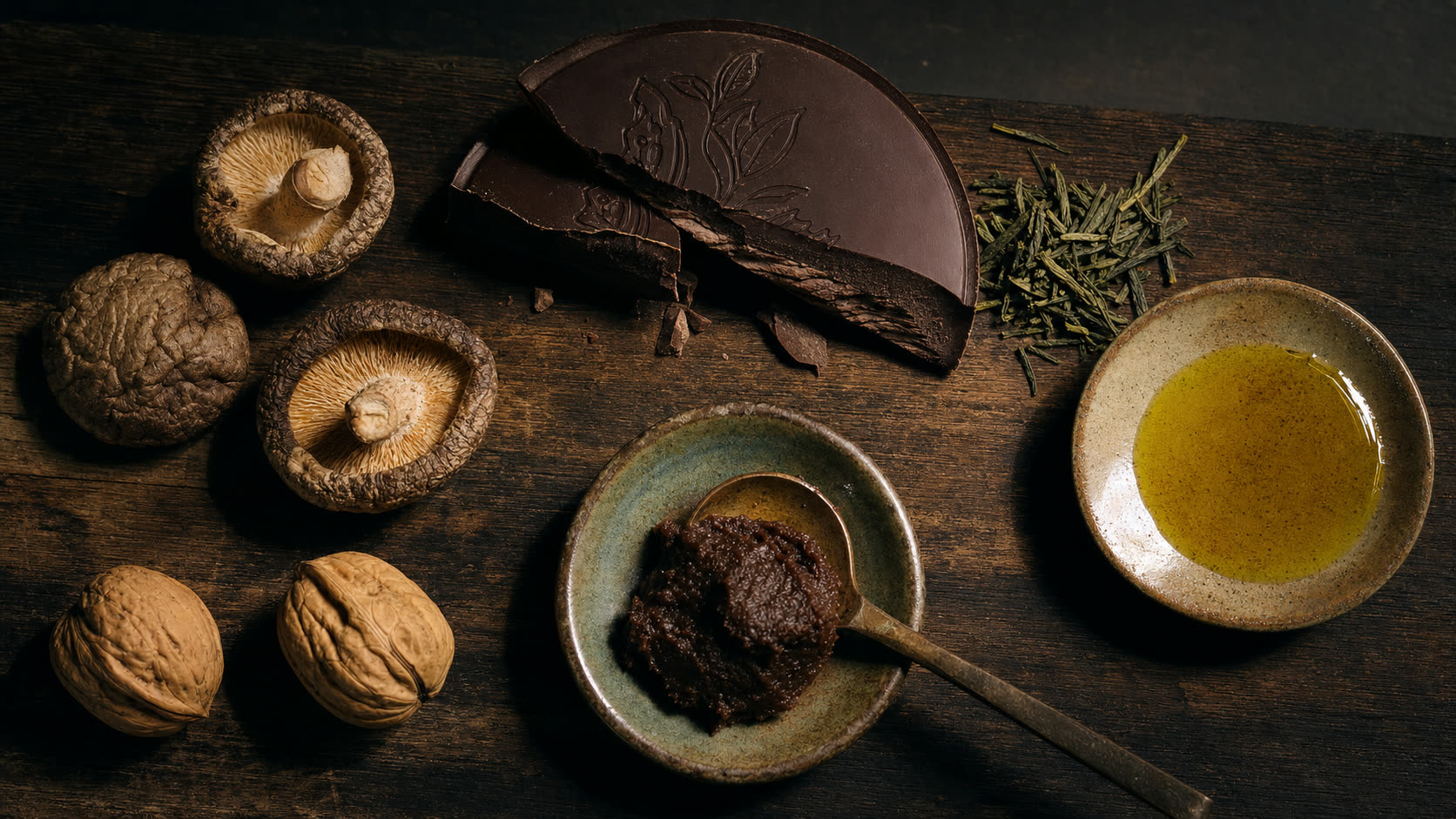Editorial mise-en-place: shiitake mushrooms, broken dark chocolate, sencha green tea leaves, a bowl of miso paste, a dish of olive oil and walnuts arranged on a dark wood board.