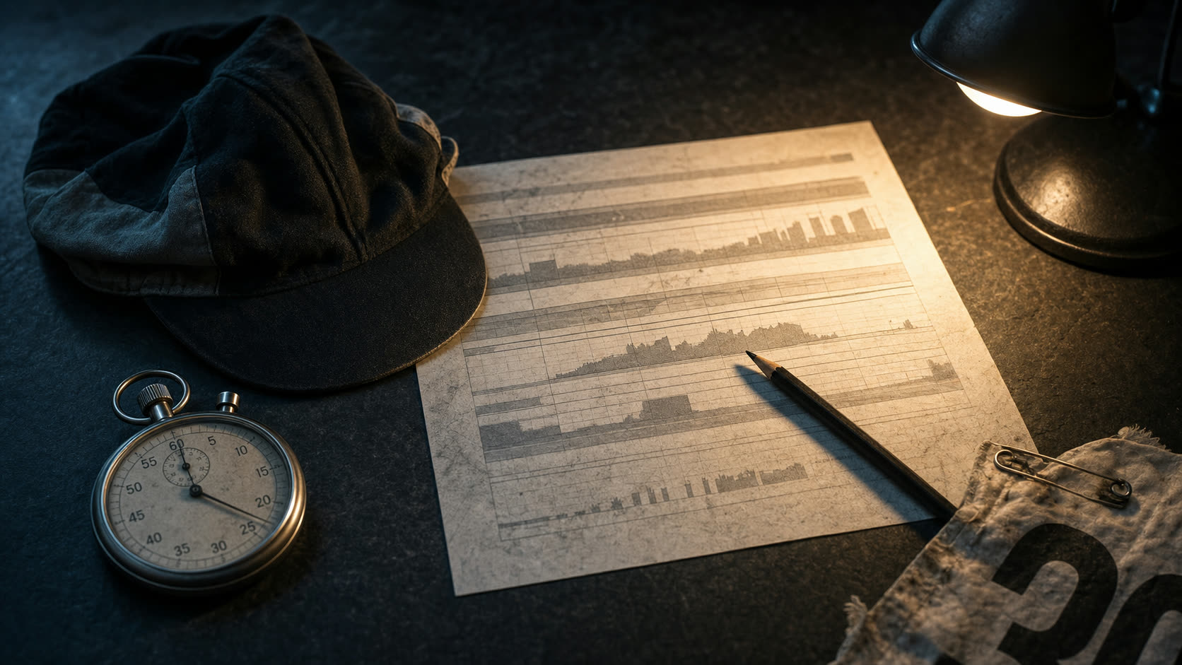Editorial still life: a printed periodisation chart with hand annotations, a sharpened pencil, a cycling cap and an analog stopwatch arranged on a dark desk under cinematic side light.