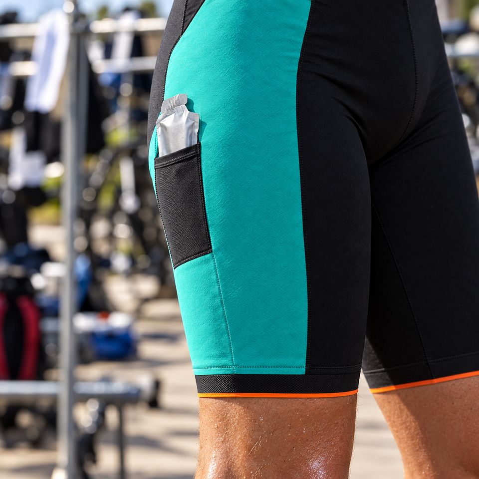 Concept render close-up: a charcoal side pocket on the teal outer thigh with a silver gel tucked inside, and a gros grain hem with orange piping above the knee.