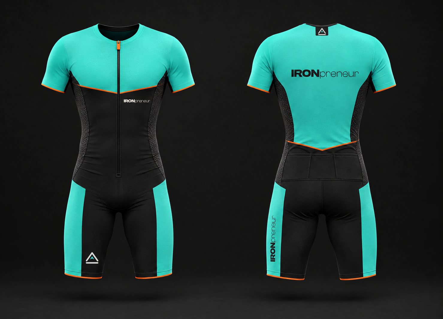 Concept render of the Dark Force v2 trisuit, front and back: teal yoke, sleeves and upper back, charcoal torso and shorts, black mesh side panels, teal outer thighs and ember piping.